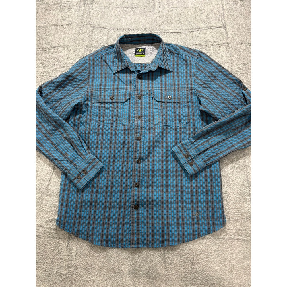 NordicTrack Shirt Mens Medium Blue Plaid Hiking‎ Vented Outdoor Button Up
